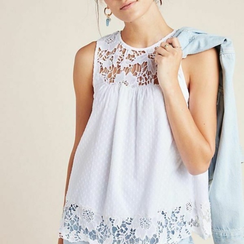 Anthropologie White Sleeveless Lace Yoke & Hem Blouse